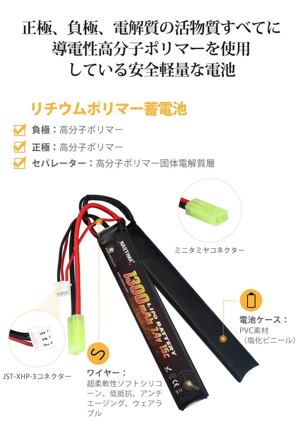 NASTIMA 7.4V 1300mAh Airsoft Lipo Battery, 2S 15C Butterfly Battery Pack Compatible with Mini Tamiya Connector for Airsoft Guns AK47, MP5K, MP5, Scar, M249, AUG, AEG