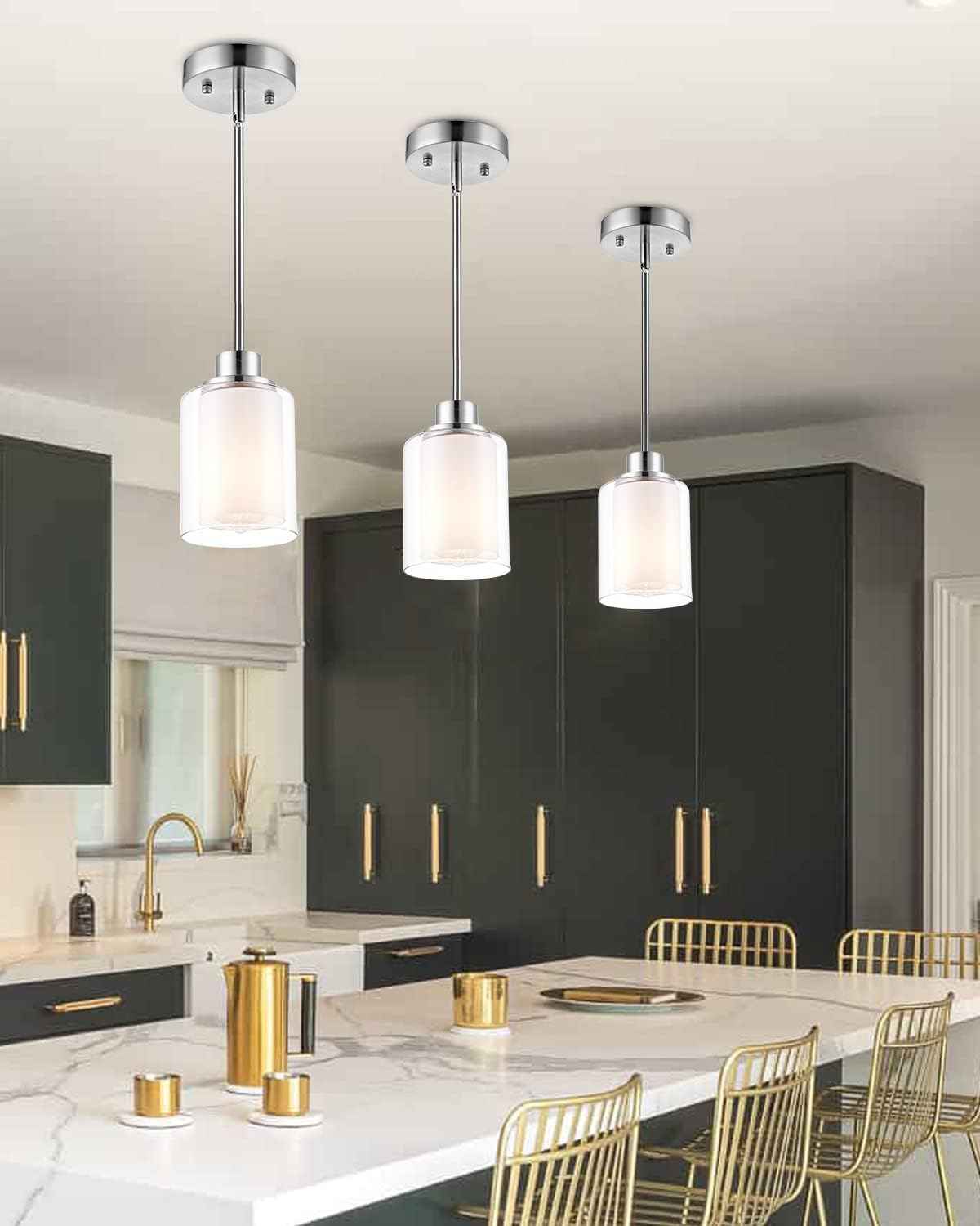 Eidonta 1-Light Mini Pendant Light Fixtures, 3 Pack Modern Brushed Nickel Hanging Ceiling Light with Dual Glass, Adjustable Height