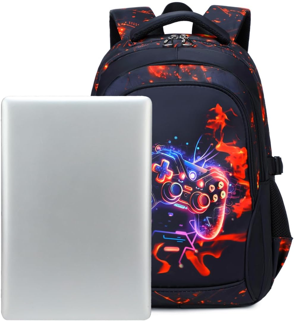 Skiennix Boys Backpack - Waterproof School Bookbag for Elementary & Middle Kids - 18 Inch, Red Game