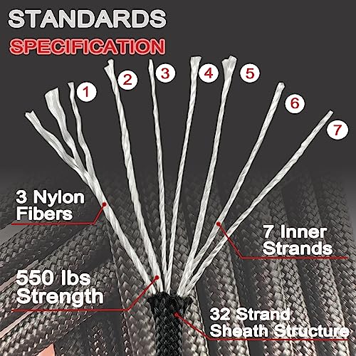 550 lb Paracord Rope - 4MM 7-Strand Nylon - Black, 100FT