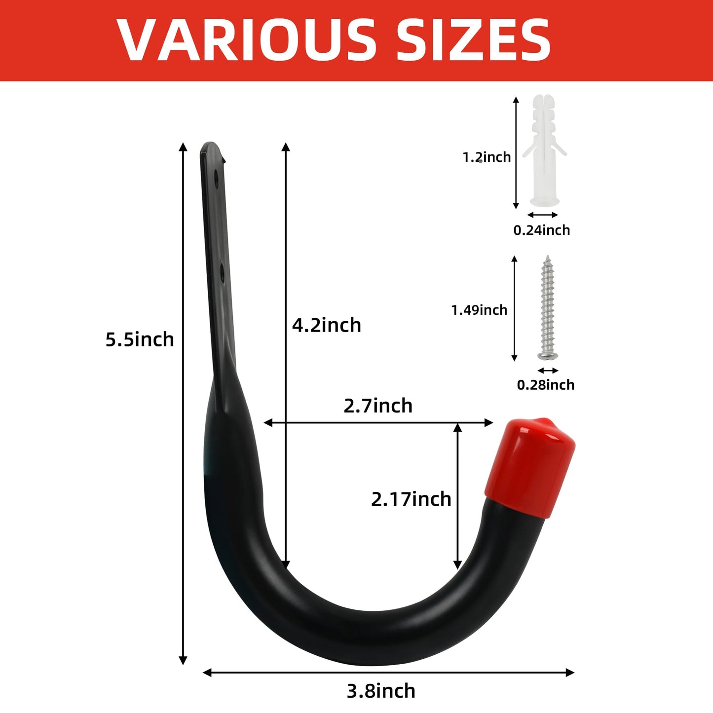 YOUNITA Heavy Duty Garage Wall Hooks for Hanging, 6Pcs Storage Hooks, 3.8inch Hanging Hook for Garage Storage and Organization,Wall Mount Utility J Hook with Wall Anchors and Screws (6, 3.8inch)