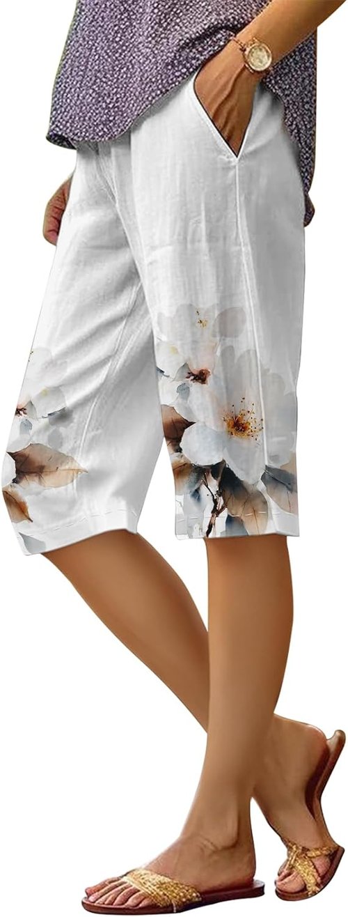 DMOYALA Women's Boho Floral Linen Bermuda Shorts - Comfortable Summer Style with Pockets