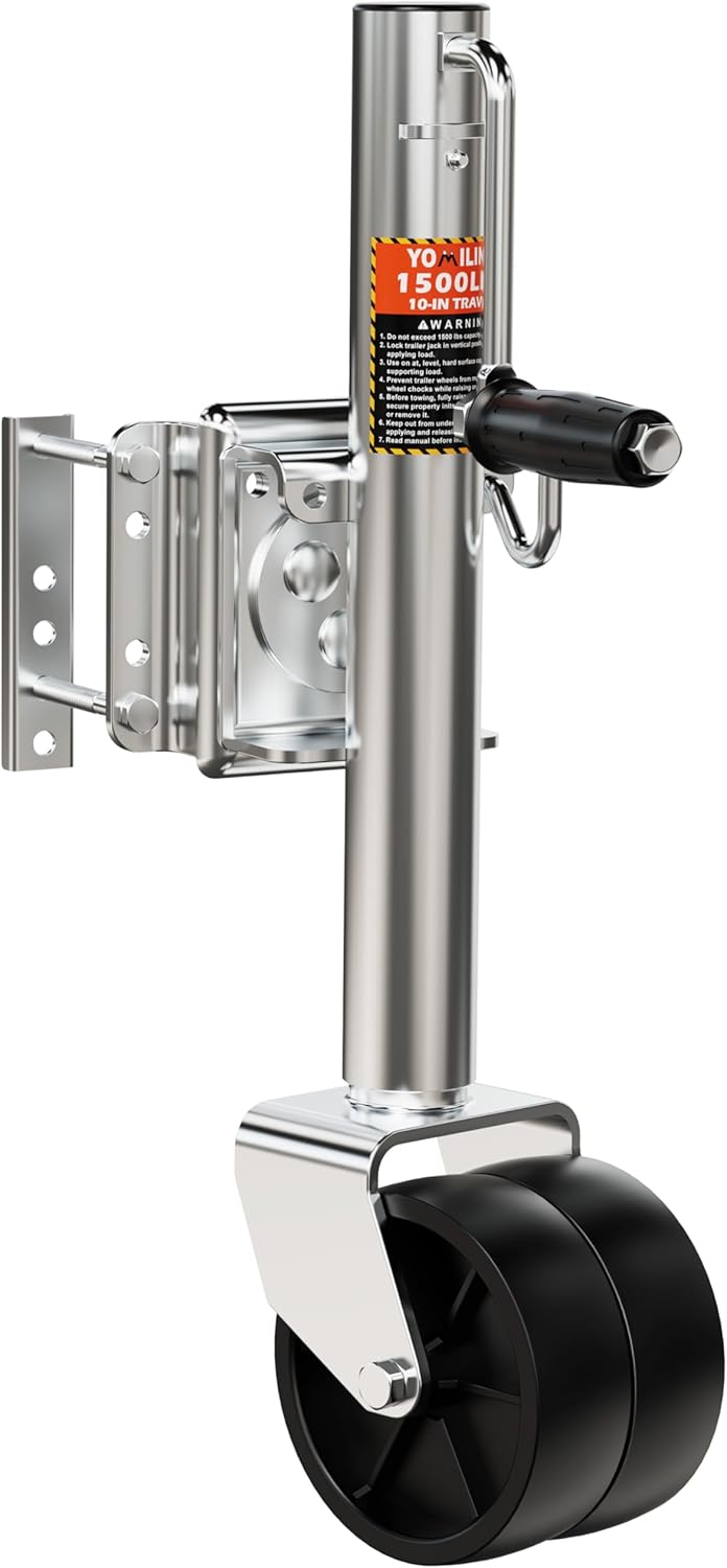 YOMILINK Heavy Duty Trailer Jack - 1500 lbs Capacity, Dual Wheel, 12" Lift, Bolt-On for RV & Boat Trailers - Silver
