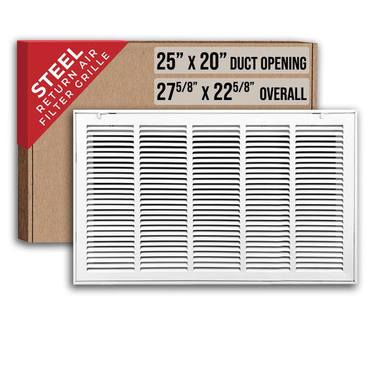 Fits 25x20 Duct Opening | Steel Return Air Filter Grille by Handua [Removable Door] for 1-inch Filters | Vent Cover Grill | White | HVAC Cold Air Intake Grille | Out Dim: 27 5/8"W X 22 5/8"H