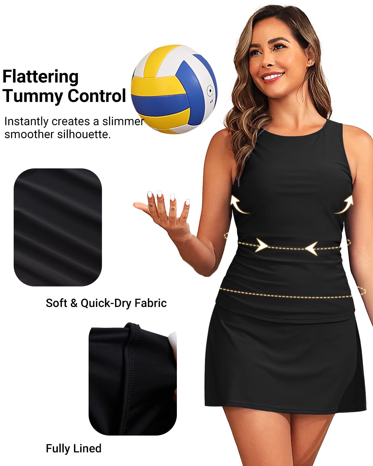 Daci Womens Black Tankini Swimsuits with Skirt - Two Piece Tummy Control Bathing Suits High Neck Swimwear XL