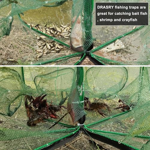 Green Foldable Fishing Trap with 4 Entrance for Minnow, Crab, Shrimp - 27.6 x 10.2 in