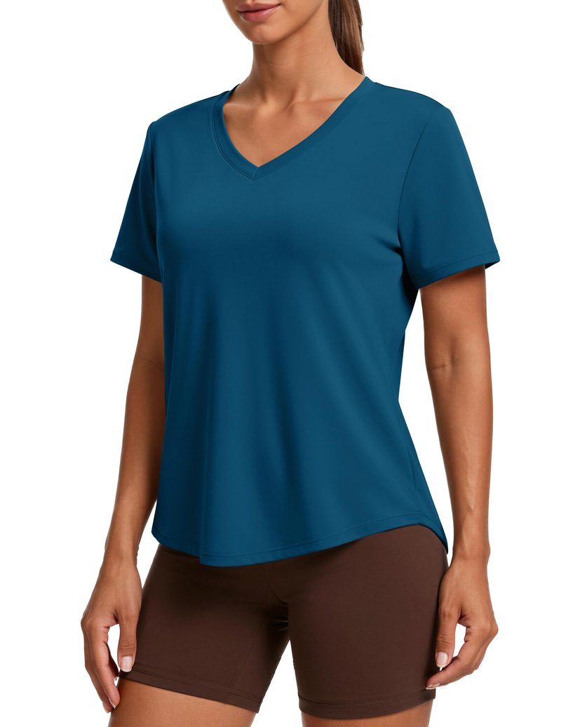 PINSPARK Sun Protection Clothing Women Short Sleeve V Neck UPF 50 UV Shirts Hiking Running Workout Tops Quick Dry Breathable,Dark Blue Large