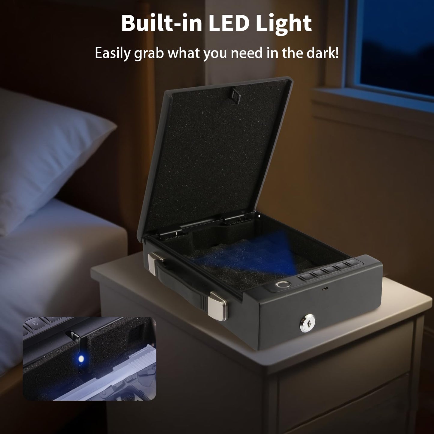 Portable Biometric Gun Safe for Handgun - Gun Safe for Car, Pistol Safe with 4 Ways: Fingerprint, Digital PIN, Key and APP Lock, Gun Lock Box with Sound for Nightstand, Cloakroom (Battery)