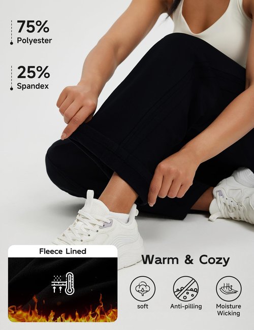 baleaf Women's Fleece Lined Pants Wide Leg Track Pants with Zipper Pockets Loose Fit Straight Leg Pull-on Pants Drawstring Black M