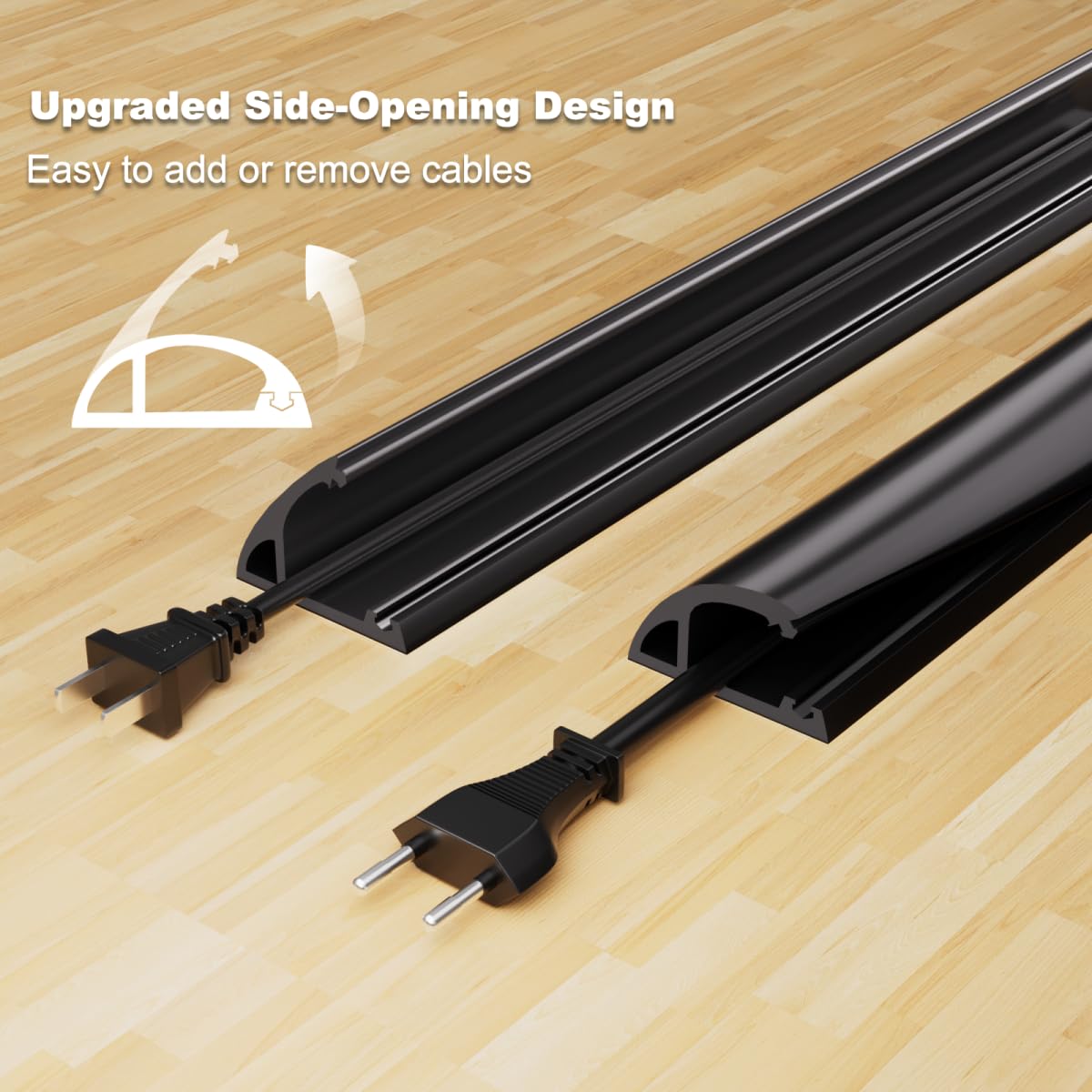Kneelisa 4FT Side-Open Extension Cord Covers for Wires on Floor,Silicone Power Cable Protector Cord Hider Management Strip,Hide Electric Wire on Carpet,Chord Runner Protective Safety Wiremold,Black