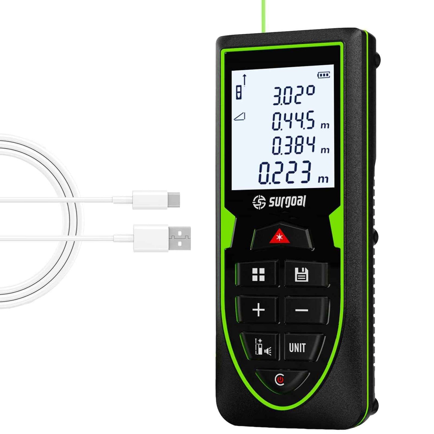 Green Laser Distance Meter 196ft – USB Rechargeable Digital Laser Measure with Angle Sensor, Backlit LCD, Area/Volume/Pythagorean, ±3mm Accuracy, Electronic Measuring Tool for Construction & DIY