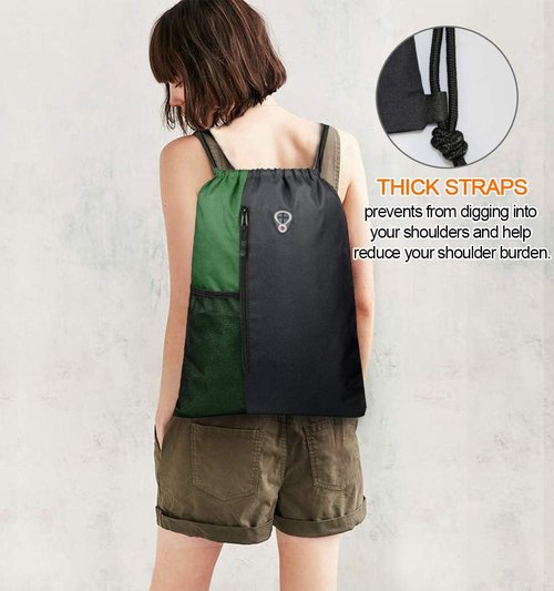 BeeGreen Drawstring Bag - Large Cinch Sackpack with Zipper & Water Bottle Mesh Pockets | Black/Green