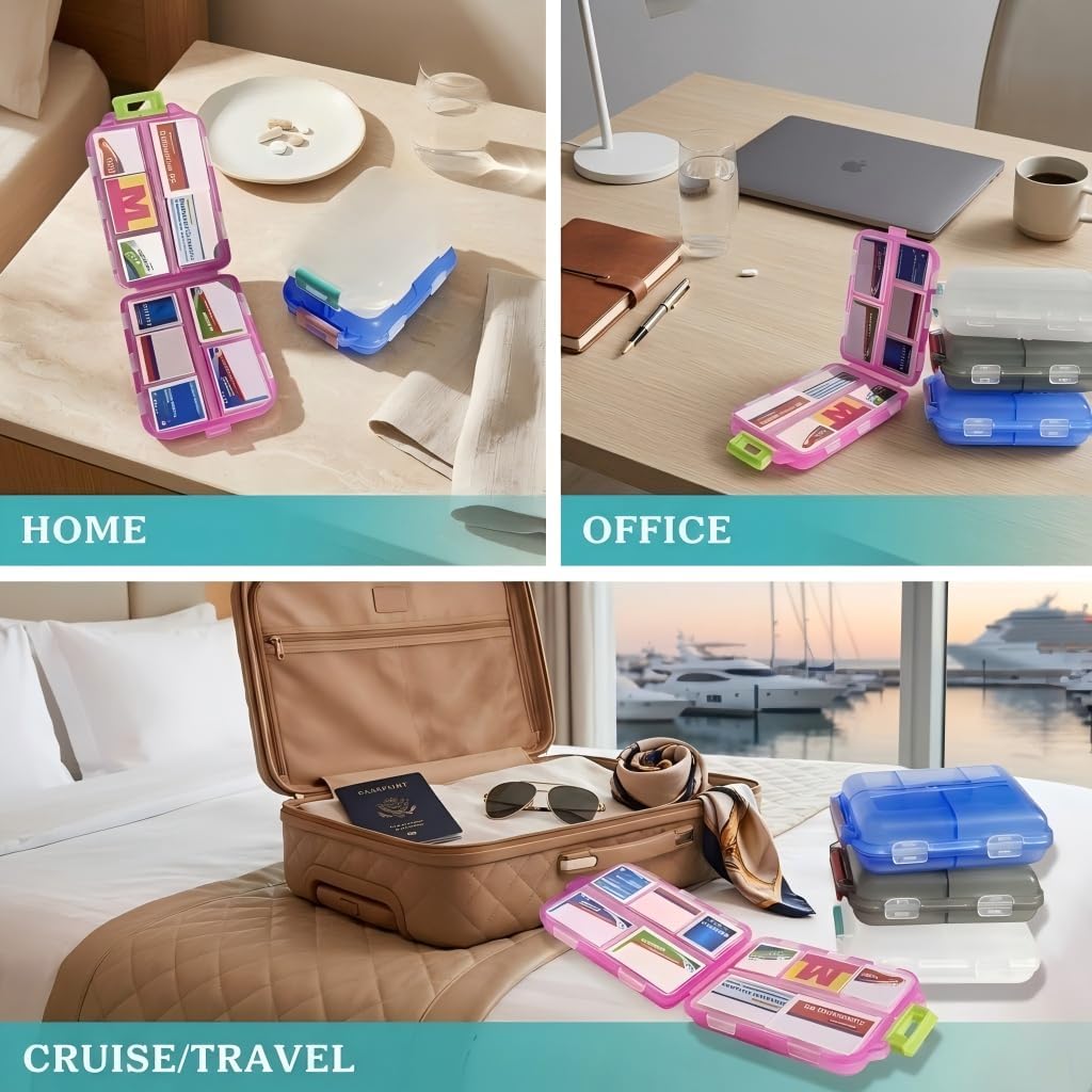 Skiennix Pill Organizer - Travel-Friendly Daily Medication Case with 161 Labels | 7-Day Design in Pink