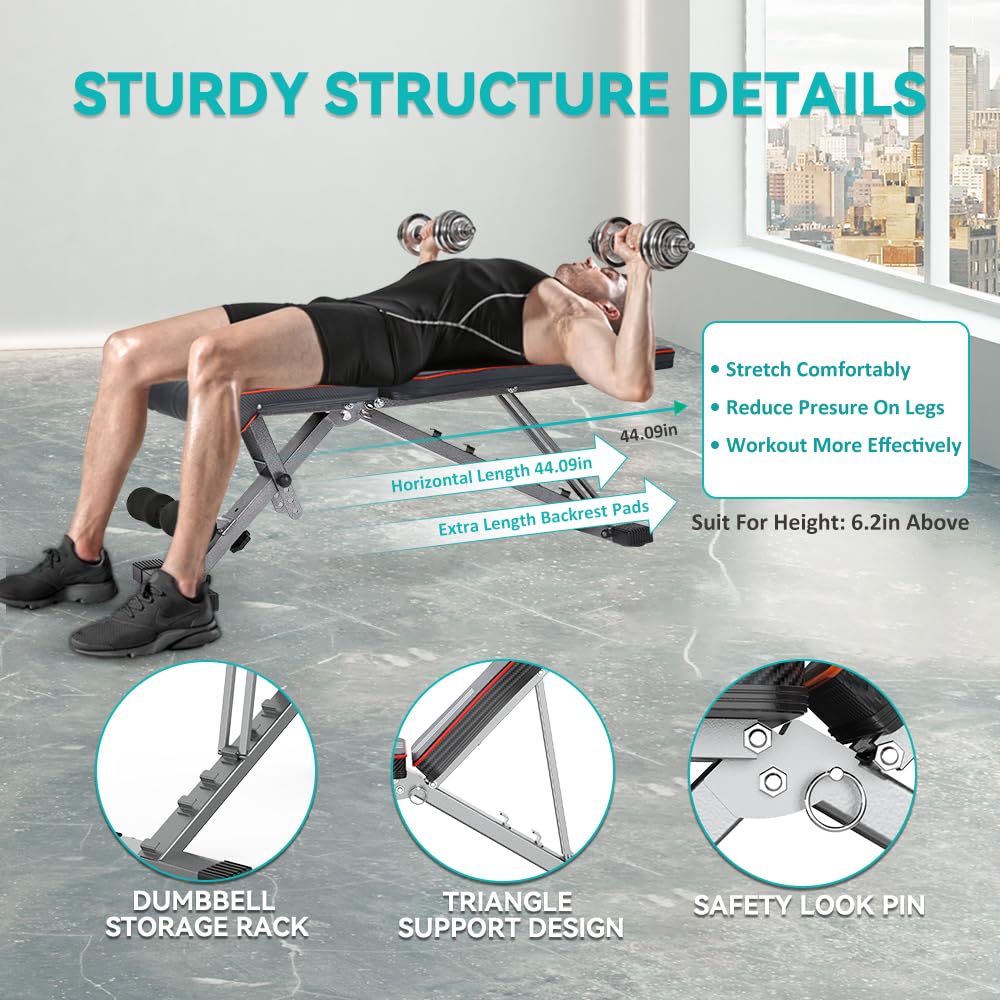 OUNUO Adjustable Weight Bench with Headrest - 660LBS Heavy-Duty Foldable Workout Bench for Home Gym, Full Body Training & Bench Press (Black)