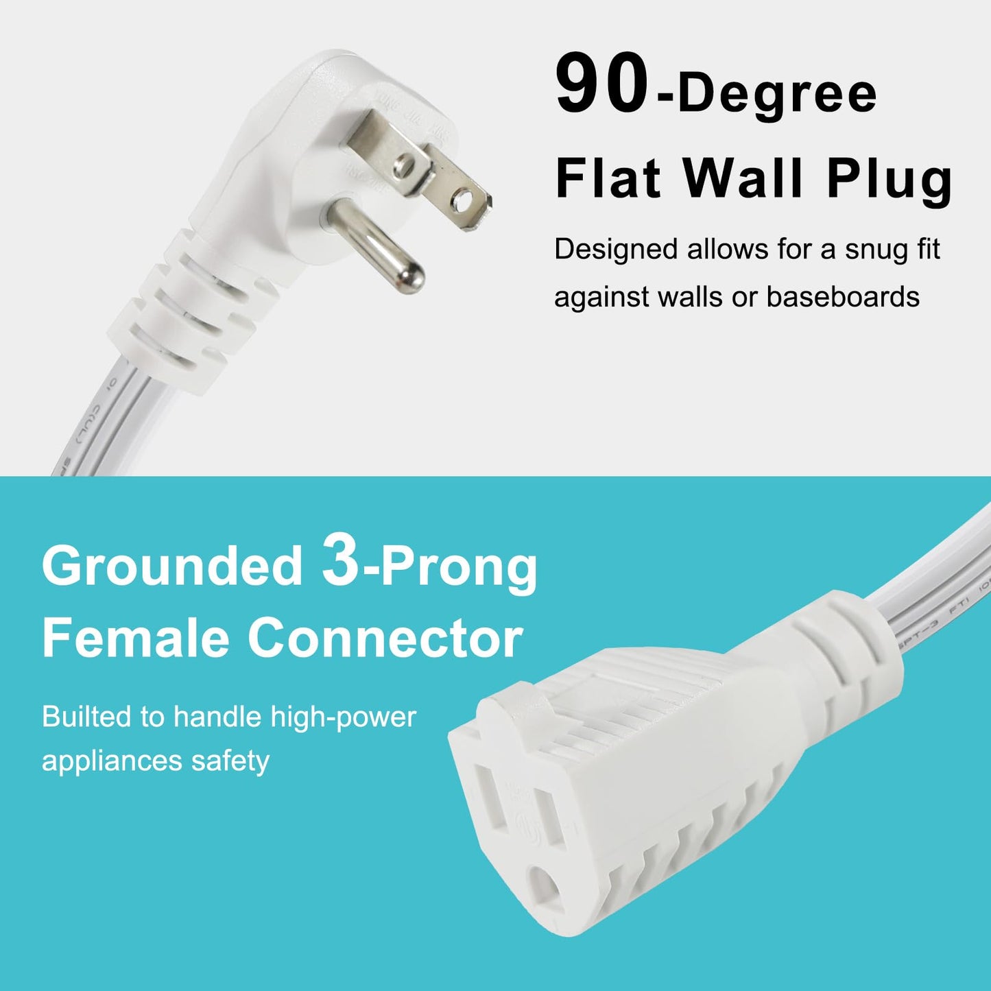 White Flat Wall Plug Extension Cord 2FT- Heavy Duty 3Prong Grounded Low Profile Major Appliance Extension Cord, SPT-3 14AWG Wire Flat Head Male to Female Extender for Air Conditioner, Refrigerator