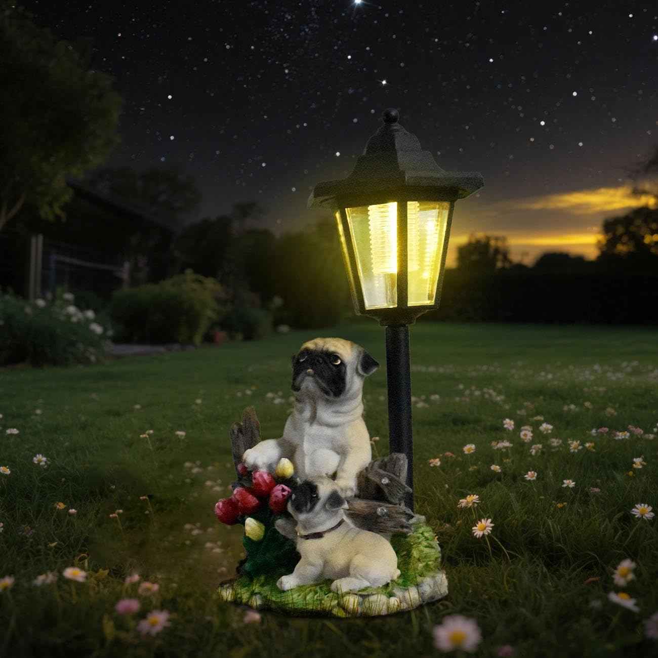JIALINXIA Solar Garden Country Farm Pug Dogs with Light, Outside-Outdoor Decorations Animal Statue for Patio Yard Lawn Walkway Ornaments Clearance Gifts for Mom Grandma Birthday