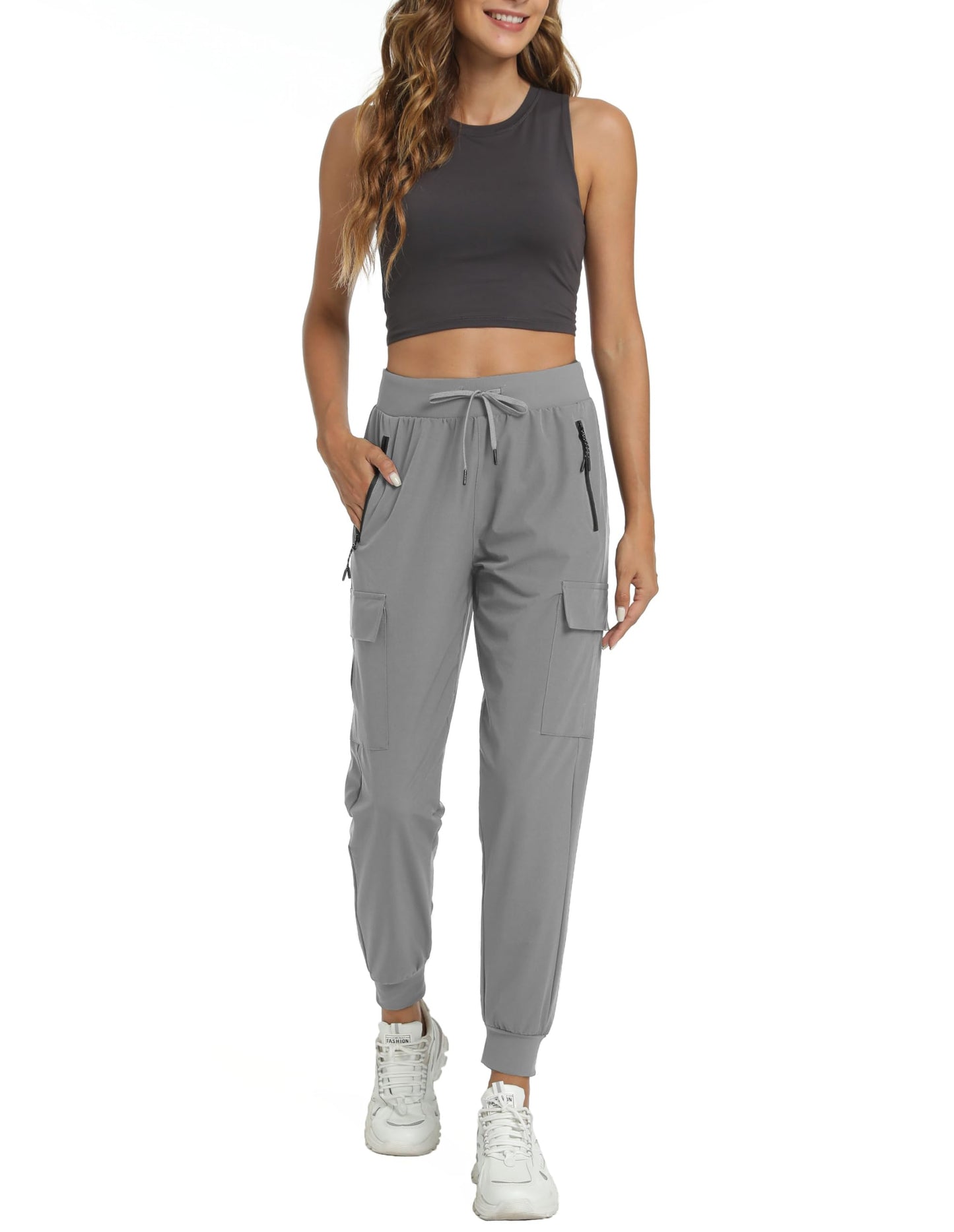 Rrosseyz Womens Cargo Pants with Pockets-Lightweight Quick Dry Water Resistant Hiking Pants for Travel Casual Athletic and Outdoor(Light Grey,M)