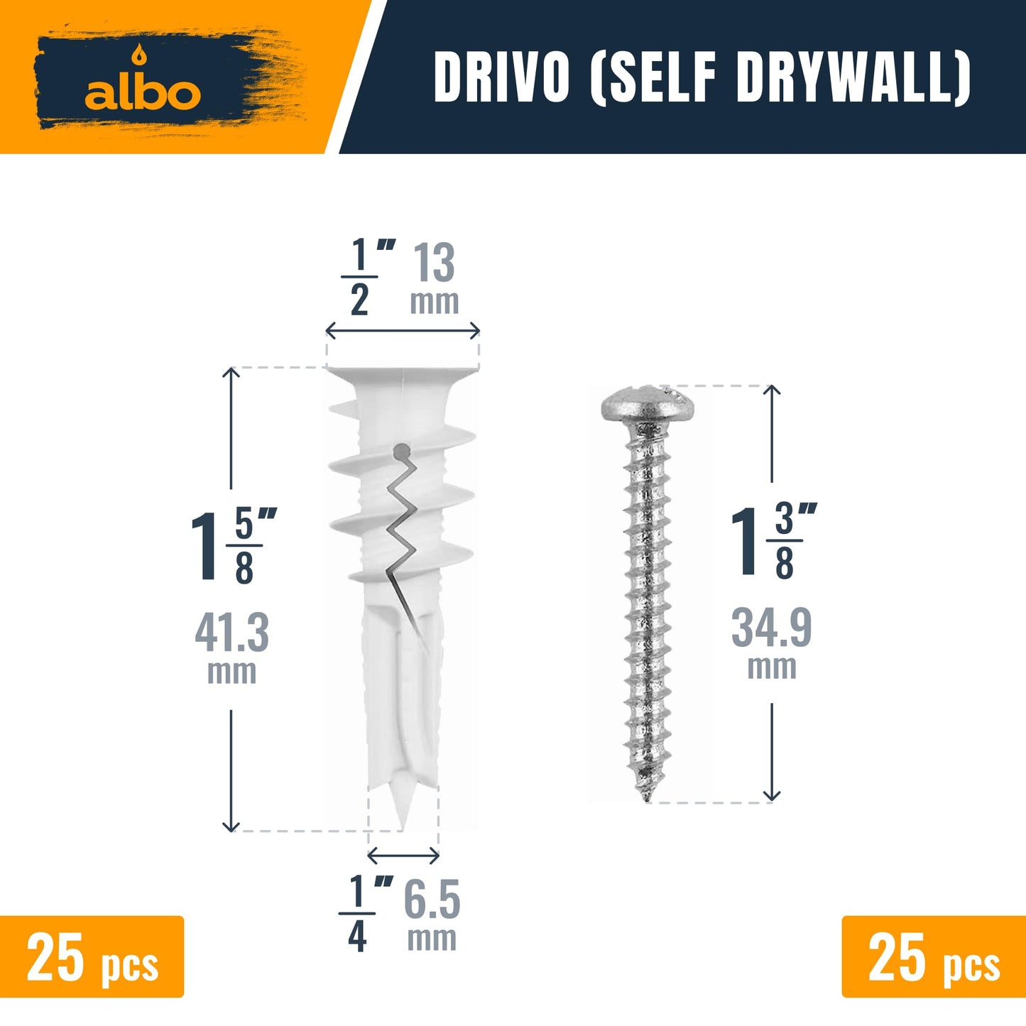 ALBO Self Drilling Drywall Anchor Set Hollow Wall with Screws 50 pcs. (White Anchor 25pcs + Screws 25pcs) Plastic E-Z Ancor Kit