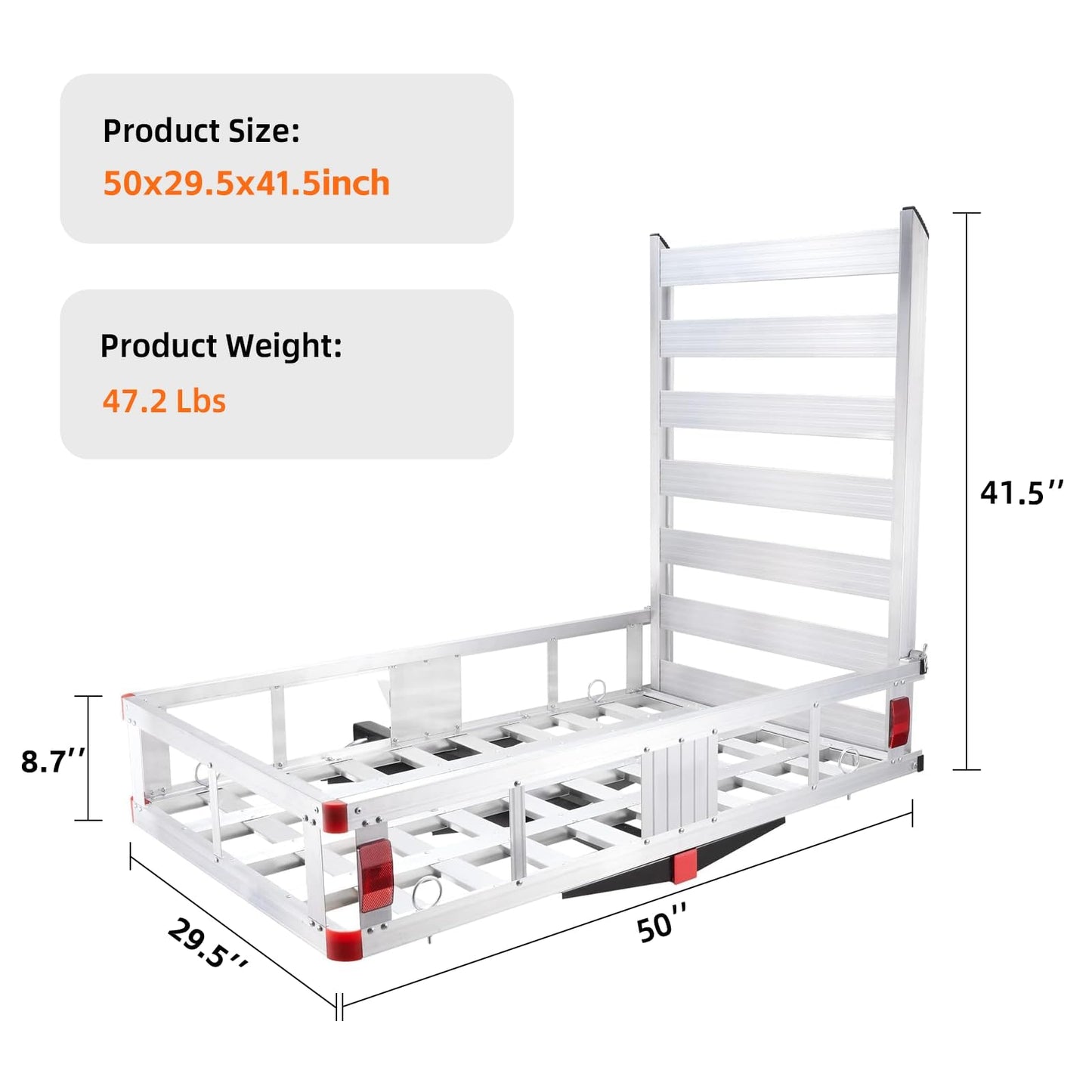 VigorTool Aluminum Hitch Cargo Carrier with 41.5" Folding Ramp, 50" x 29.5" x 8.7" Basket, 500 lb Capacity, Wheelchair & Mobility Scooter Carrier, Anti-Rattle Stabilizer, Steel Support Frame, Fits 2"