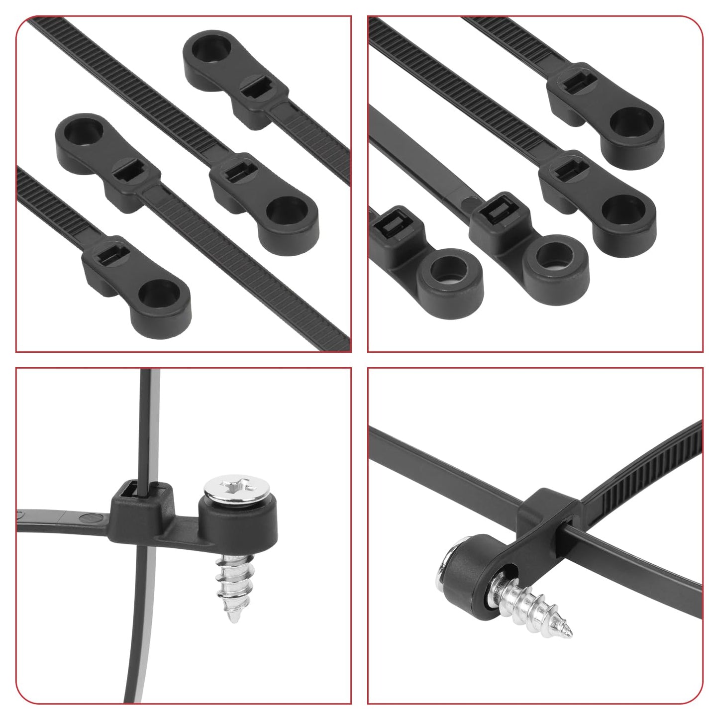 BethTie 120 PCS Black Zip Ties with Screw Hole Assorted Sizes, Mountable Head Nylon Cable Ties, Ideal for Indoor Outdoor Cable Management