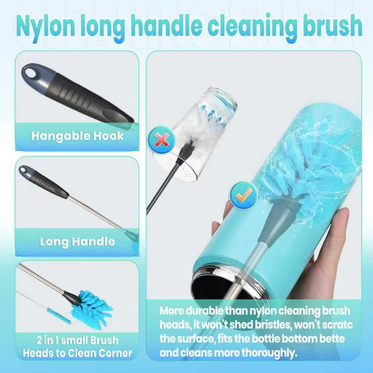 BOSORIO 2-in-1 Bottle Brush with Straw Brush for Owala Water Bottle, 15in Long Handle Stainless Steel Bottle Brush and Straw Cleaner Brush, Multifunctional Detail Brush for Coffee Mug Lid
