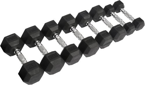 Fitvids Rubber Encased Hex Dumbbell Set - Includes 5 Pairs (5-20LB) - Durable Black Weights