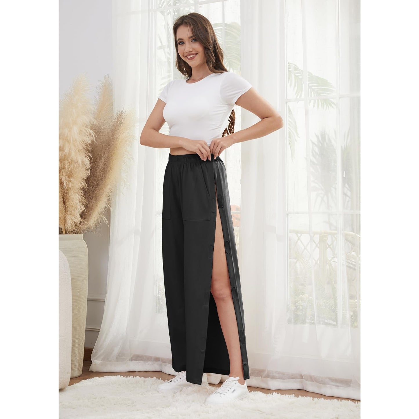 Tear Away Pants for Women Side Slit Snap Sweatpants Loose Fit Post Surgery Casual Adaptive Clothing with Pockets Black M