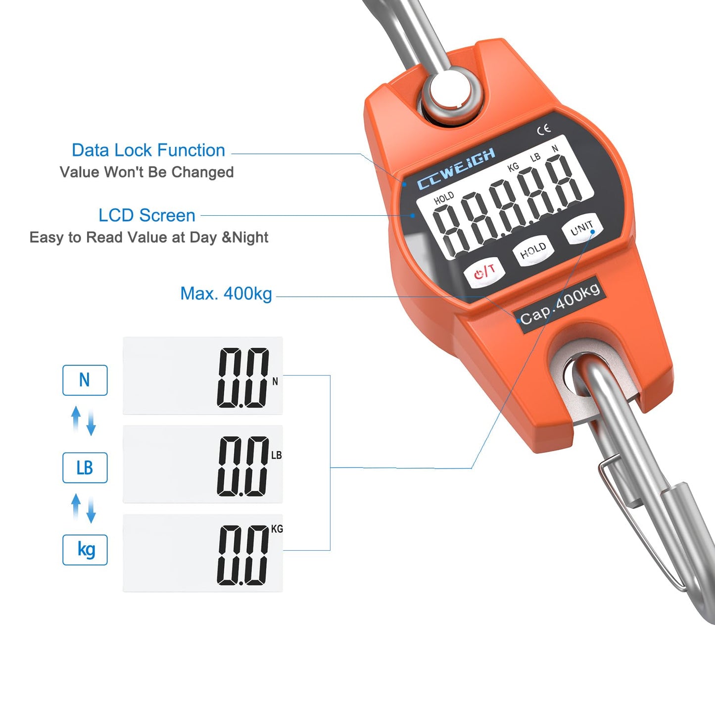 CCWEIGH Hanging Scale Handheld 880lb/400kg Crane Scale Luggage Scale,with ABS Plastic case & Big LCD Display, Portable Digital Mini Crane Scale Fishing Scale,for Gym,Hunting,Travelling