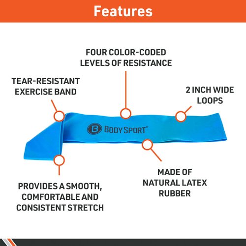 Body Sport Loop Resistance Bands – Exercise Bands for Legs and Hips – Latex Rubber Resistance Loops – Blue – Light Resistance