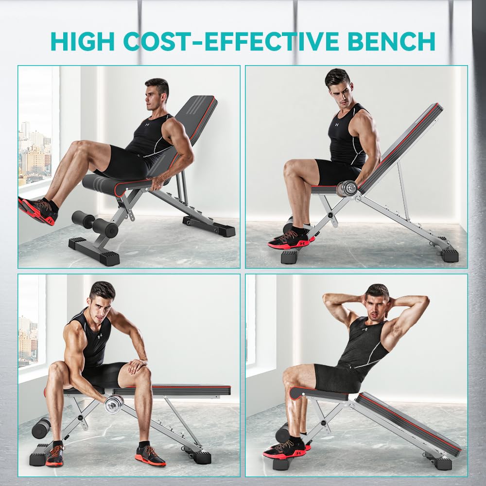 OUNUO Adjustable Weight Bench with Headrest - 660LBS Heavy-Duty Foldable Workout Bench for Home Gym, Full Body Training & Bench Press (Black)