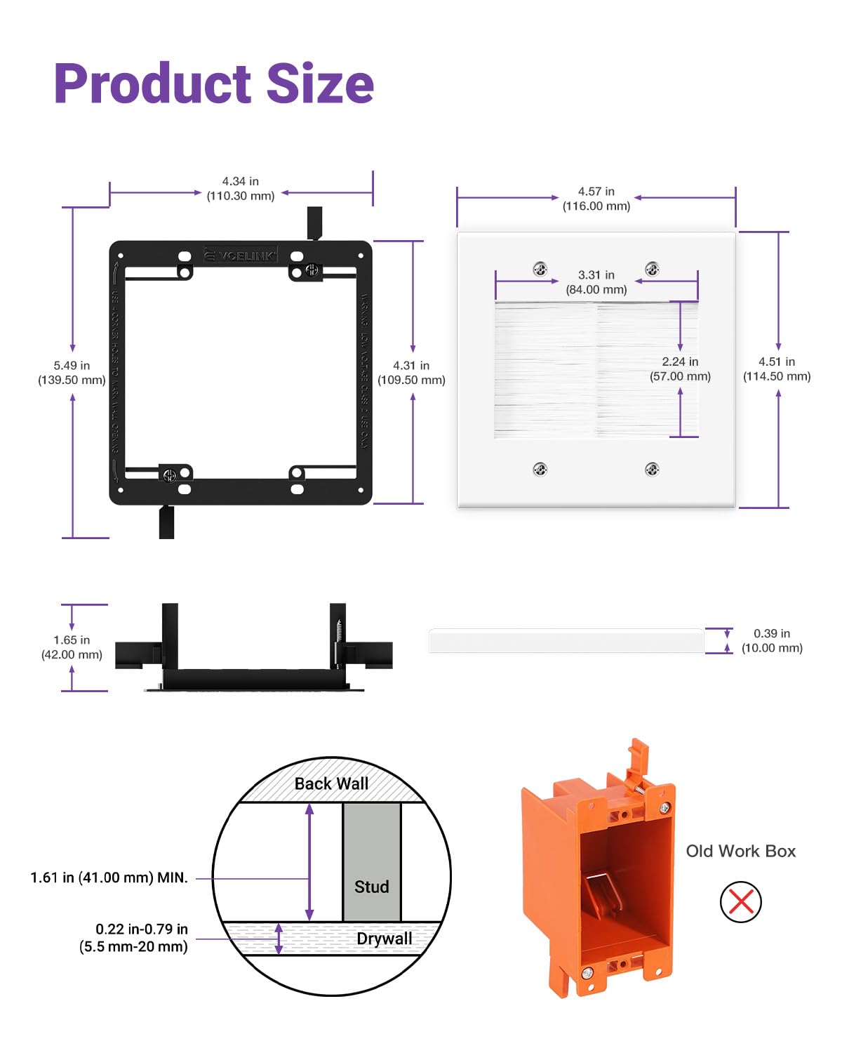 VCELINK Brush Wall Plate with Mounting Bracket, 2 Gang Pass Through Wire Hider for Cable Management, Ethernet Cables, HDMI Cables and Home Theater Systems, 2 Pair