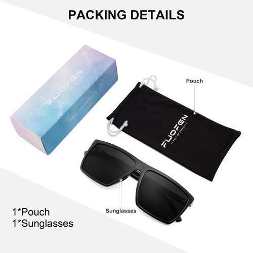 FUOFEN Light Weight Rectangular Polarized Sports Sunglasses with nose pads for Men Women Cycling Driving Fishing UV400 Protection Black sunnies