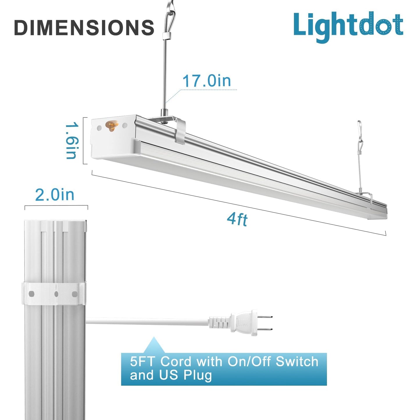 Lightdot 6Pack 4FT LED Shop Light Linkable, 2.5 Inch 52W[Eqv. 400W] Utility Shop Lights, 7500LM, 100-277V, 5000K Garage Lights with 5FT Power Cord, Hanging&Flushmount Integrated Fixture for Workshop