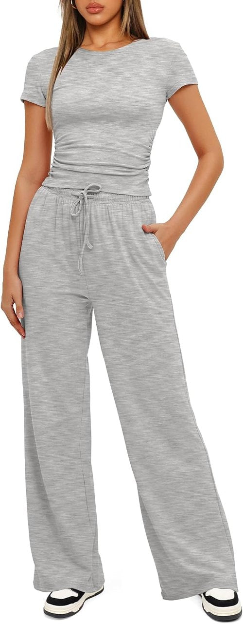 Darong Women's Summer Lounge Set - Side Ruched Crop Top & Wide Leg Pants | Comfortable & Stylish