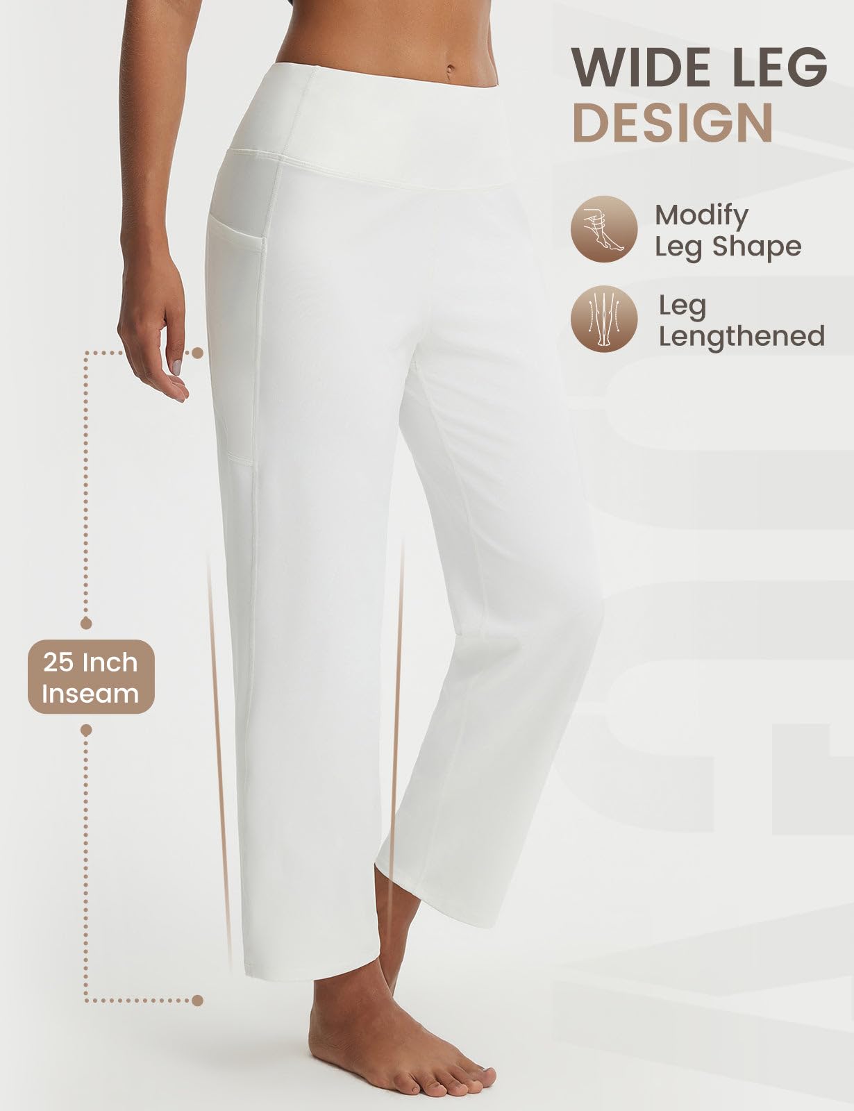 baleaf Womens 25" Yoga Pants with Pockets Wide Leg Petite Dress Pant High Waist Ankle Stretchy Casual Travel Star White L