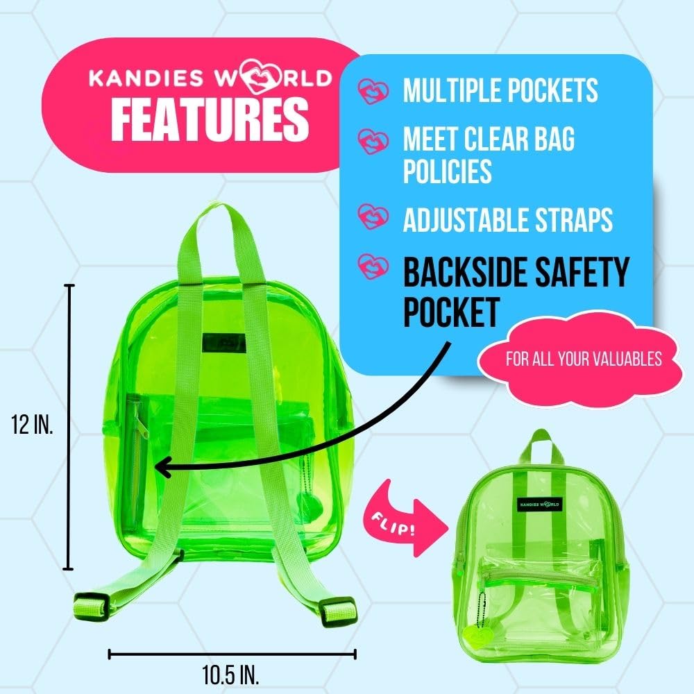 Kandies World Premium Clear Festival Backpack – Stylish Transparent Bag – Stadium Approved – Lightweight & Durable – 12”x10.5” (Green)