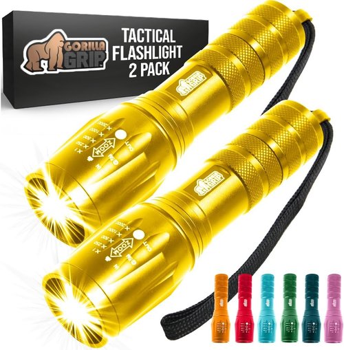 GORILLA GRIP LED Tactical Flashlight - 750 FT High Lumens, 5 Adjustable Modes, Water Resistant | 2 Pack Gold