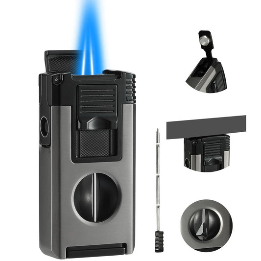 All in One Jet Flame Butane Torch Lighter Built-in Cutter V Cut, Punch, Holder Function, Draw Enhancer Tool, Refillable and Adjustable Windproof Gas Lighter, Black and Grey (Sold Without Gas)