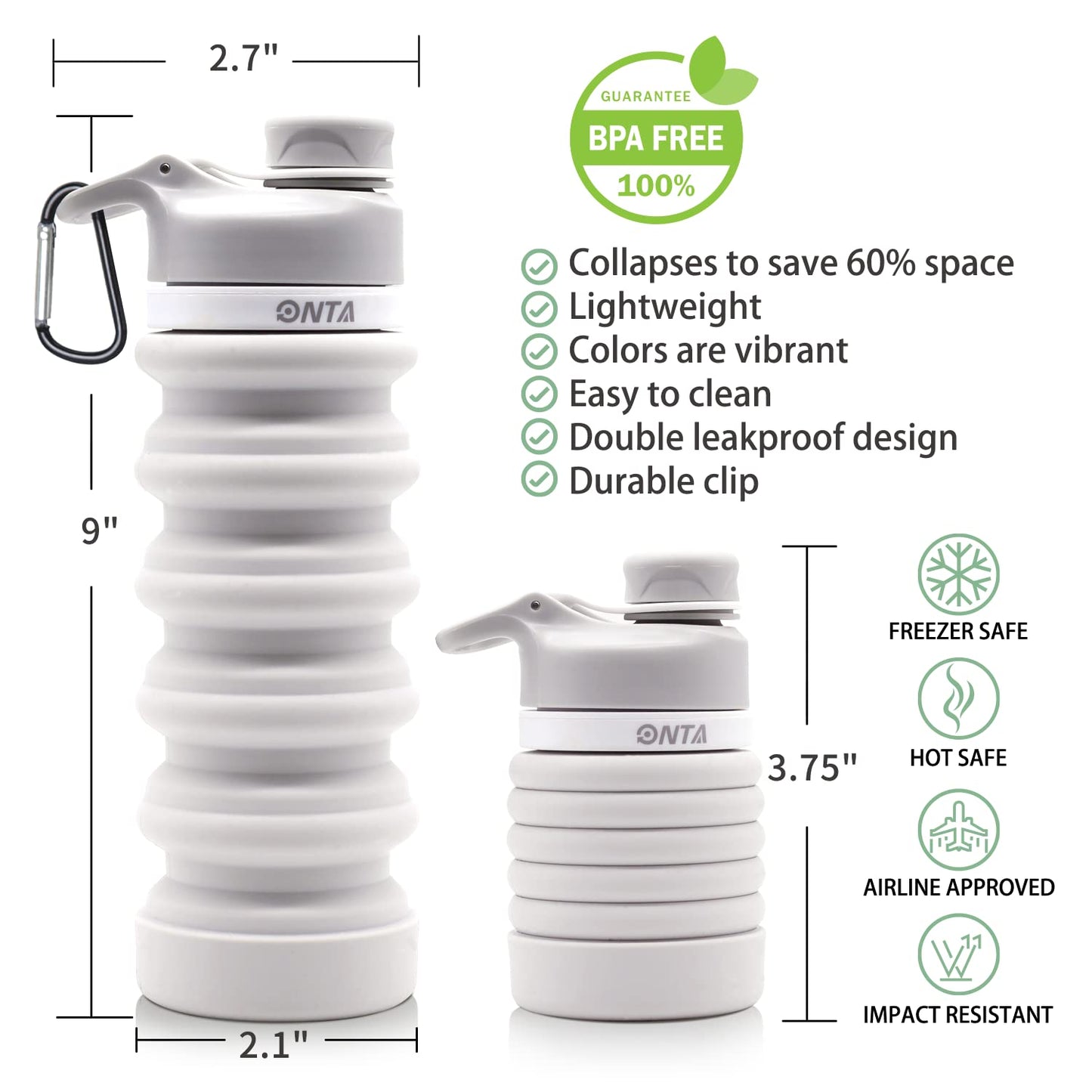 ONTA Collapsible Water Bottle- BPA Free Silicone Foldable Water Bottles for Travel,Silicone Portable Leak-Proof Travel Water Bottle 20 oz, Gray
