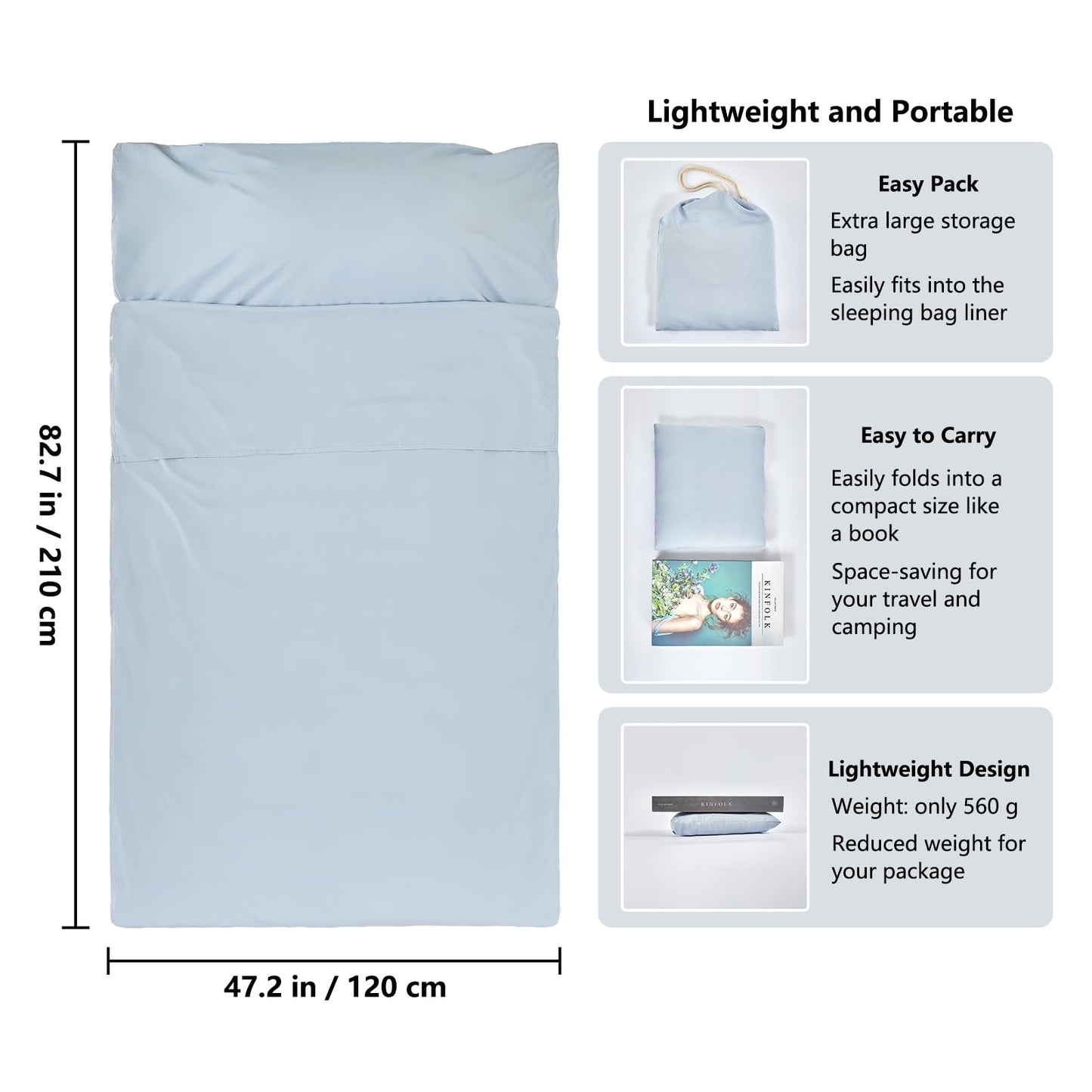 RHINSBENF Sleeping Bag Liner Camping Adult Sleep Sack Lightweight Travel Sheet for Hotel Bed Compact Ultralight Essential Cleaning Supplies Kit Travel Bedding Set for Backpacking (Blue & Single)