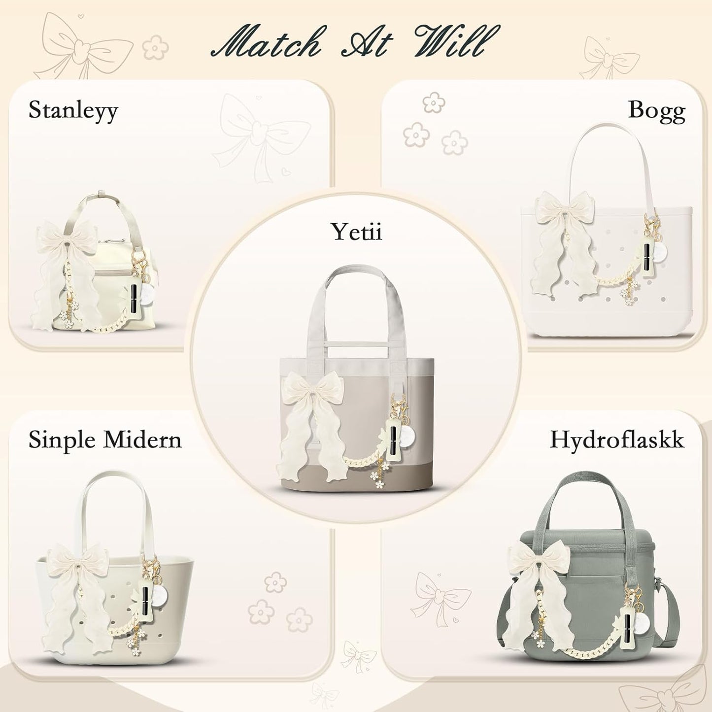 Skiennix Tote Bag Decor Kit - 5PCS Decorative Charms with Bow, Flower Charm & Acrylic Chain for YETI & Bogg Bags