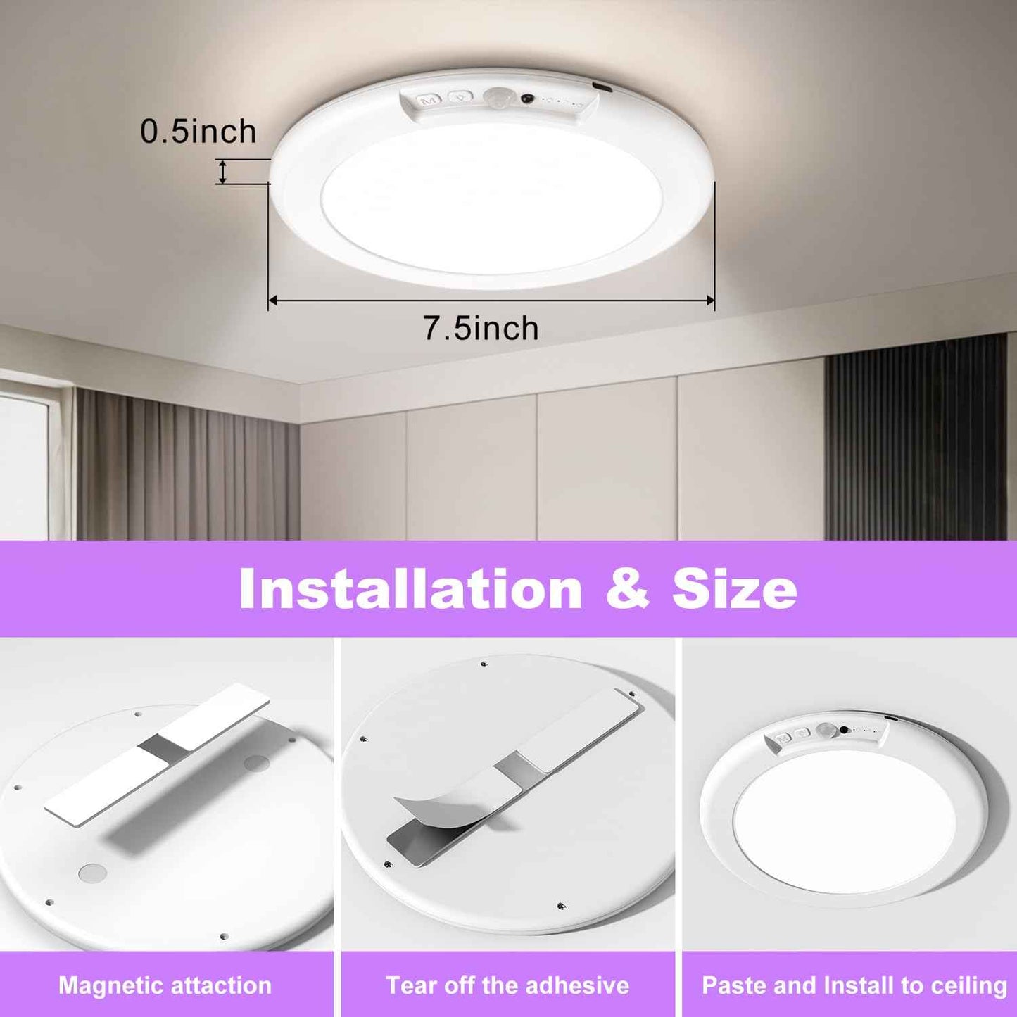 Rechargeable Ceiling Light with Remote, Shower Lights for Inside Shower with Color Changing & White Lights, Magnetic Motion Sensor Closet Light Battery Powered Ceiling Light for Shower Closet Bathroom