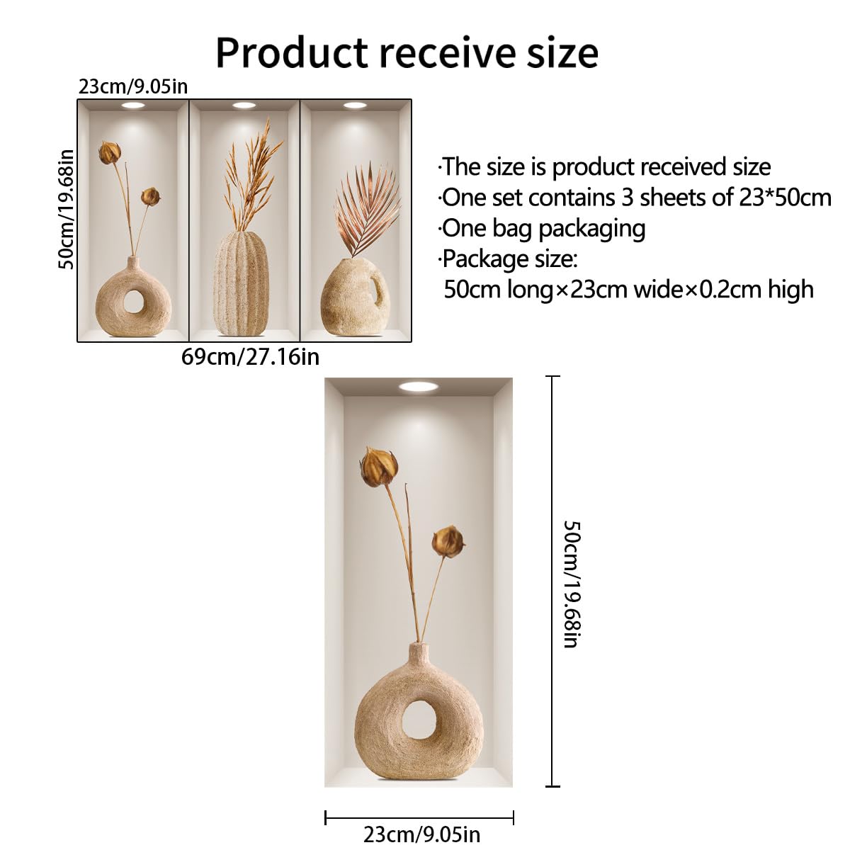 LOONELO 3D Dried Flower Vase Wall Stickers, 3Pcs Rustic Blossom PVC Wall Decals, Removable 3D Floral Wall Art for Living Room, Bedroom, Entryway, Sofa Backdrop, Yoga Studio, Office, Home Decor