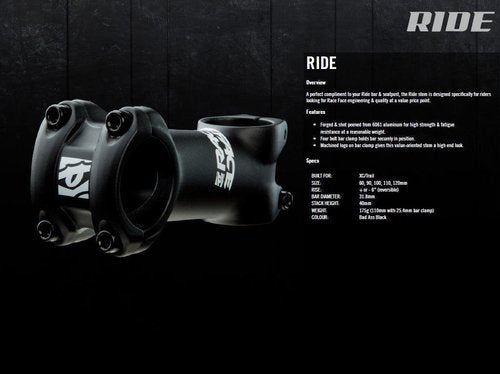 Race Face Ride Mountain Bike Stem with 60x31.8mm Clamp, Black, 1 1/8-Inch