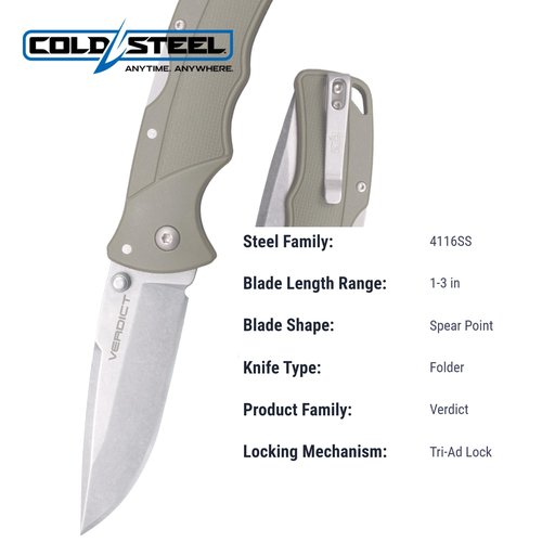 Cold Steel Verdict 3" 4116SS Spear Point Blade 4.25" GFN OD Green Handle Everyday Carry Tactical Folding Knife - Blister Pack