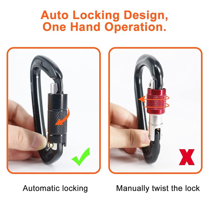 NewDoar 24KN Auto Locking Climbing Clips D-Shaped Heavy Duty for Camping, Hiking, Swing, Hammock(Black/2Pcs/24kn)