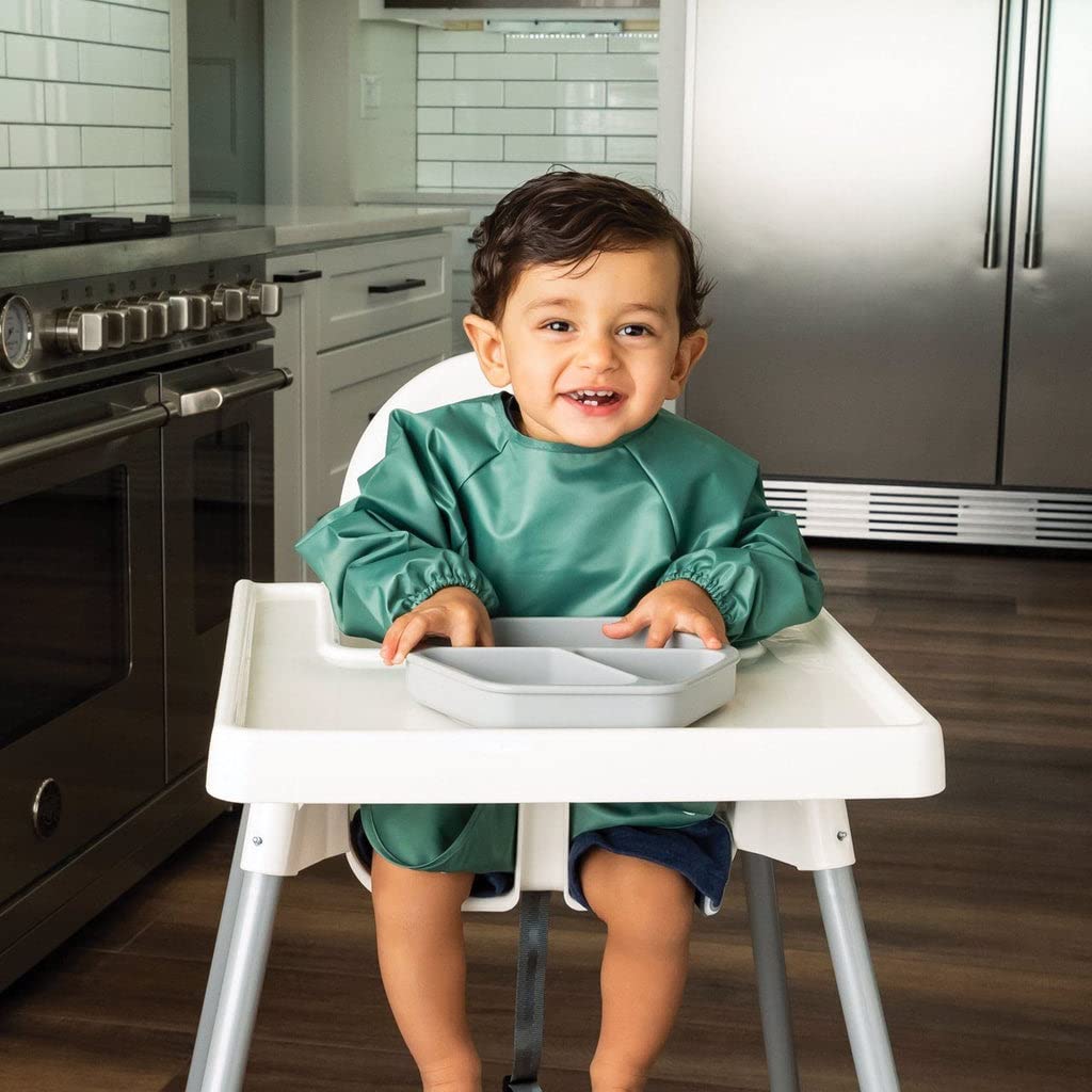 Tiny Twinkle Long Sleeve Bibs - 2-Pack Waterproof Smock Bibs for Mess-Free Eating | Machine Washable | Slate Olive, 6-24M