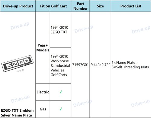 DRIVE UP Name Plate for EZGO TXT Emblem Silver for 1994-2010 Gas or Electric Golf Cart-9.44" X 2.72"