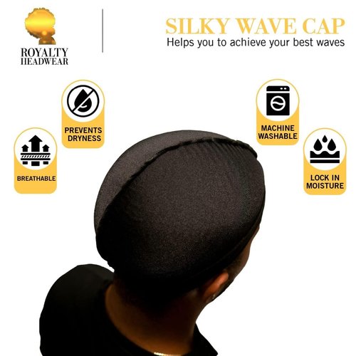 Royalty Headwear Silky Wave Cap for 360, 540 & 720 Waves, Soft Breathable Durag Skull Cap Beanie for Men (US, Alpha, One Size, Silver)