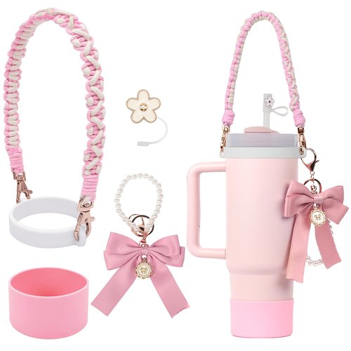 BELSITA Stanley Cup Accessories Set - Bow Pearl Chain Braided Handle Strap, Silicone Boot, Charms for 30/40oz Tumbler (Pink), Standard
